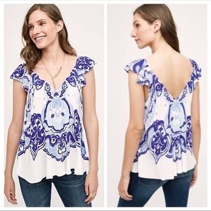 ANTHROPOLOGIE MAEVE CLANA BLUE WHITE RUFFLE SLEEVE BOHO VNECK TOP 0